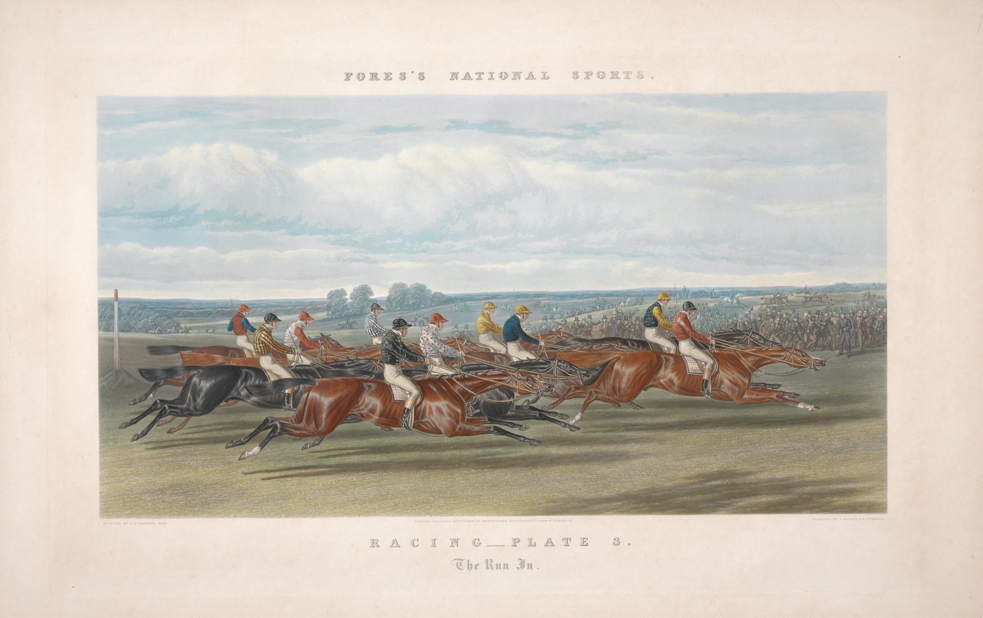 Gemälde von Reitergruppen auf einer Rennbahn mit Bäumen und Wolken im Hintergrund, betitelt "Racing Plate 3: The Run 3" unten.