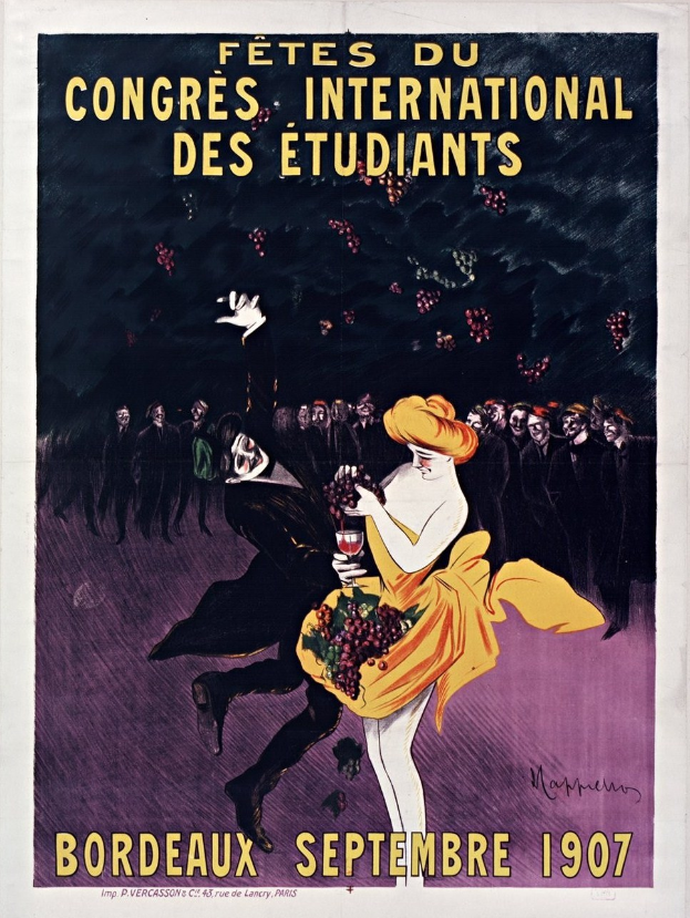 Plakat aus dem Jahr 1907 für eine Weinprobe in Bordeaux, Frankreich, mit einer Frau in gelbem Kleid, die ein Weinglas hält, umgeben von einer Menge, mit Ereignisdetails im Text.