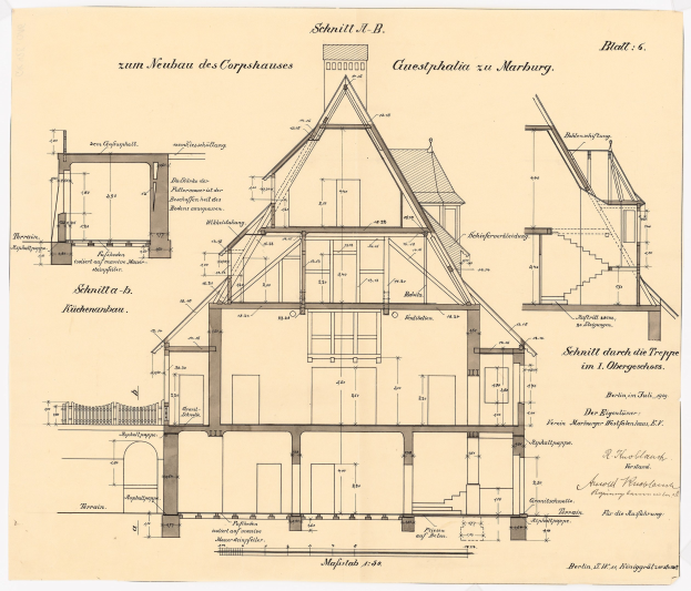 Ein detailliertes architektonisches Drawing eines Hauses mit zahlreichen Fenstern und einem Dach, das als erstes Haus in Deutschland gilt, begleitet von strukturellen Plänen und Text.