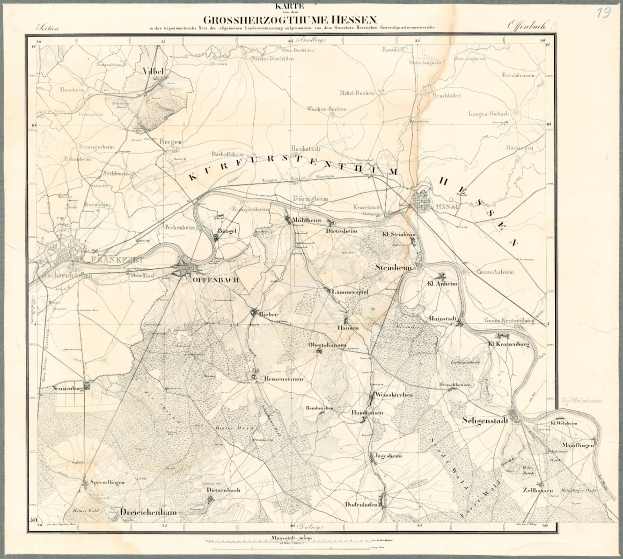 Alte gerahmte Karte von Hessen, Deutschland, mit schwarzen Rändern und Text.