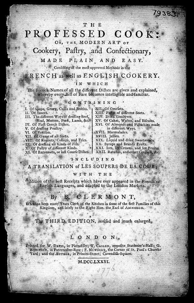 Ein altes Buch mit schwarzem Hintergrund und weißer Schrift, betitelt mit "The Professed Cook or, the Modern Art of Cookery, Patry, and Confectionary, Made Plain and Easy".