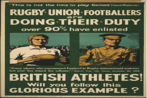 Plakat mit zwei Rugbyspielern in Uniform mit Text über britische Athleten, die sich verpflichtet haben und ihre Aufgaben.