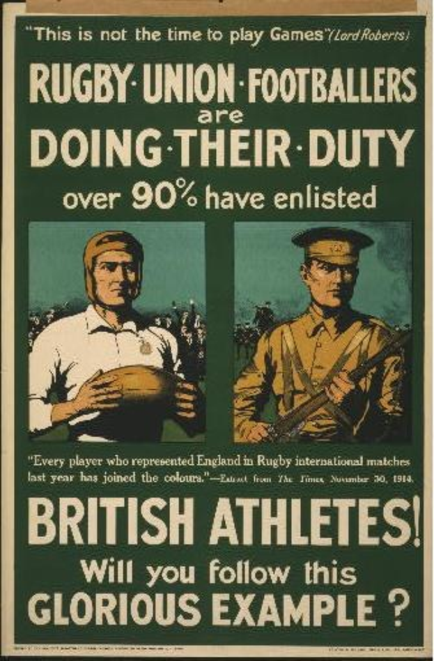 Plakat mit zwei Rugbyspielern in Uniform mit Text über britische Athleten, die sich verpflichtet haben und ihre Aufgaben.