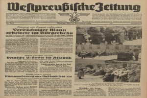 Titelseite einer deutschen Zeitung vom 13. November 1939, betitelt "Weitpreubliche Zeitung", mit einer Gruppe von Menschen in traditioneller deutscher Kleidung in einer feierlichen Szenerie.