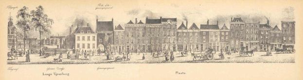 Alte Zeichnung einer Stadtstraße in Lange Yverberg, Niederlande, mit Gebäuden, Bäumen, Menschen, Karren und Pferdewagen.