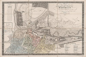 Ein detaillierter historischer Stadtplan von Weimar, Deutschland, der Straßen, Gebäude und Sehenswürdigkeiten zeigt.
