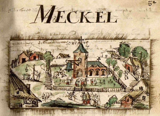 Ein altes Buch mit einer Zeichnung einer mittelalterlichen Stadt mit Häusern, Bäumen und Menschen, mit beschreibendem Text auf der Seite.