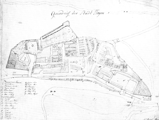 Schwarz-weiß-Karte von Stadt Sigra, Deutschland, die ein detailliertes Layout von Gebäuden und Straßen mit Textanmerkungen zeigt.