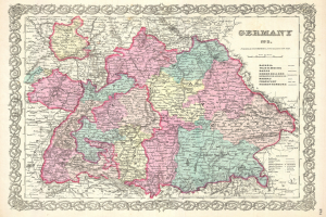Alte Deutschlandkarte auf Papier, zeigt die Provinzen Bayern, Baden-Württemberg und Baden mit Text zu Regionen.