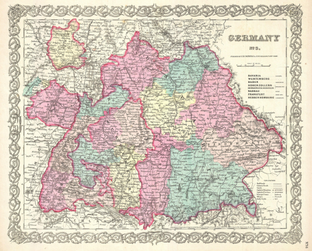 Alte Deutschlandkarte auf Papier, zeigt die Provinzen Bayern, Baden-Württemberg und Baden mit Text zu Regionen.