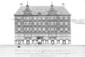 Schwarze und weiße Architekturdarstellung des Ritz-Carlton Hotels in Hamburg, Deutschland, mit detaillierter Fassade und zahlreichen Fenstern.