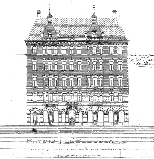 Schwarze und weiße Architekturdarstellung des Ritz-Carlton Hotels in Hamburg, Deutschland, mit detaillierter Fassade und zahlreichen Fenstern.