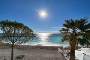 Ein sonniger Strand mit Palmen, Schirmen und üppiger Vegetation, vor einem strahlend blauen Himmel mit der Sonne im Hintergrund.