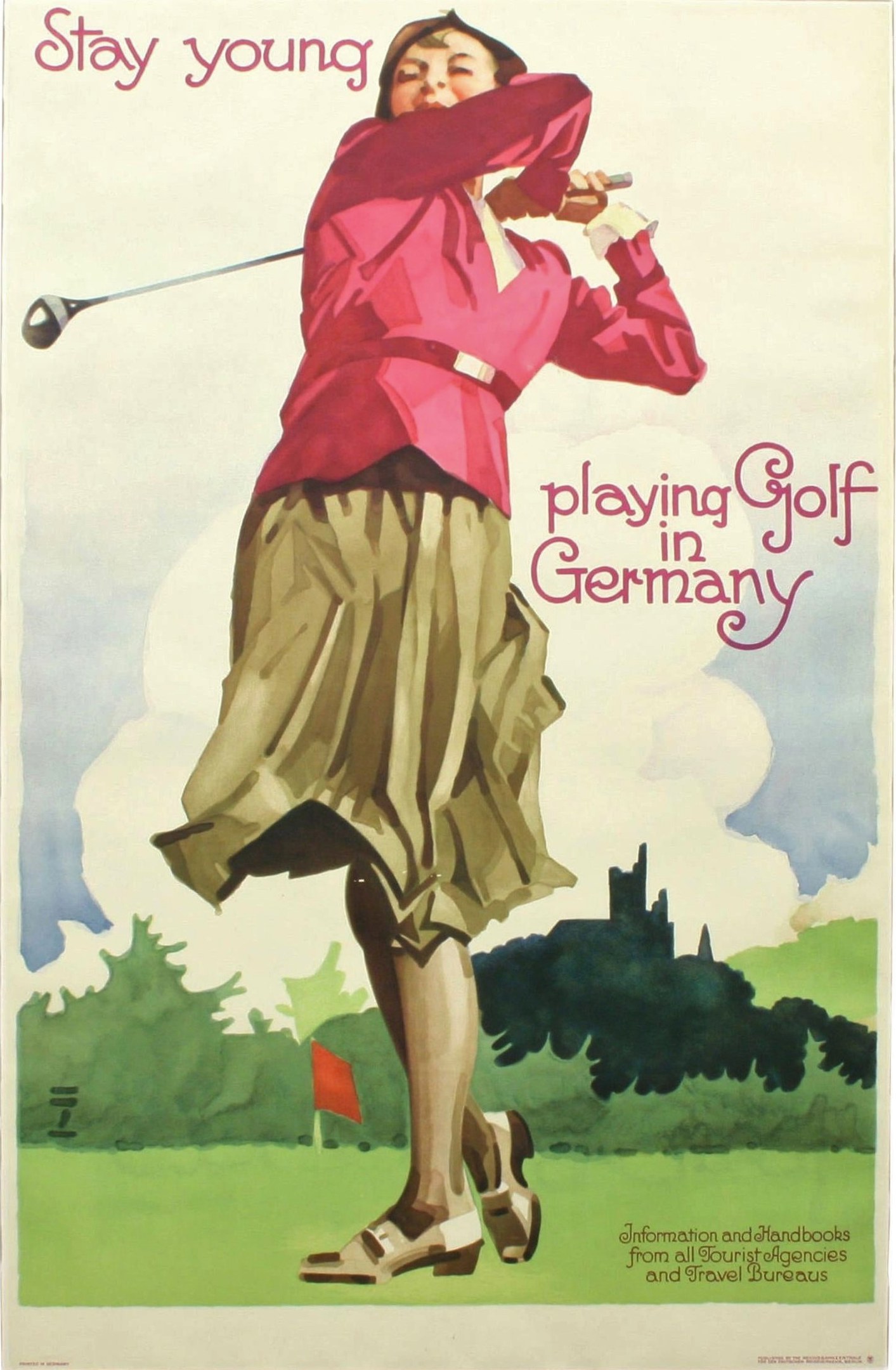 Ein Plakat einer Frau, die einen Golfschläger auf einem Golfplatz in Deutschland hält, mit einer Fahne und Bäumen im Hintergrund und Text auf dem Plakat.