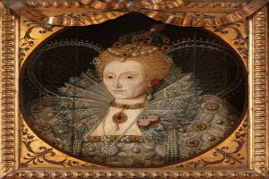 Porträt der Queen Elizabeth I. von England in einem weißen Kleid mit blauer Schärpe, die eine Krone trägt und ihre Hände vor der Brust verschränkt, gemalt im realistischen Stil mit leuchtenden Farben und detaillierten Details.