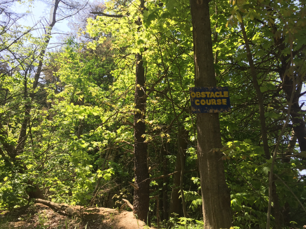 Ein Schotterweg in einem bewaldeten Gebiet, der von einem Schild mit der Aufschrift "Hindernislauf" markiert ist, mit Bäumen auf beiden Seiten und einem sichtbaren Himmel im Hintergrund.