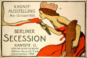 Plakat von der Berliner Secession 1900, das eine Frau in einem roten Kleid zeigt, die ein Objekt hält, mit Text zu den Ereignissen.