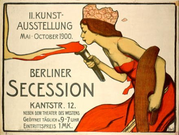 Plakat von der Berliner Secession 1900, das eine Frau in einem roten Kleid zeigt, die ein Objekt hält, mit Text zu den Ereignissen.