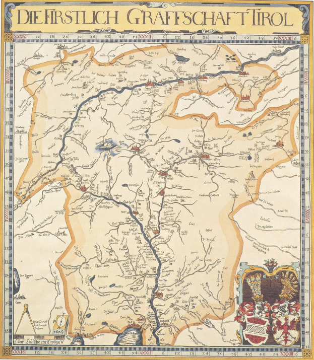 Plakat einer historischen Karte der ersten Grafschaft Tirol mit geographischen Merkmalen wie Flüssen und Bergen sowie begleitendem Text über die Region und ihre Bewohner.