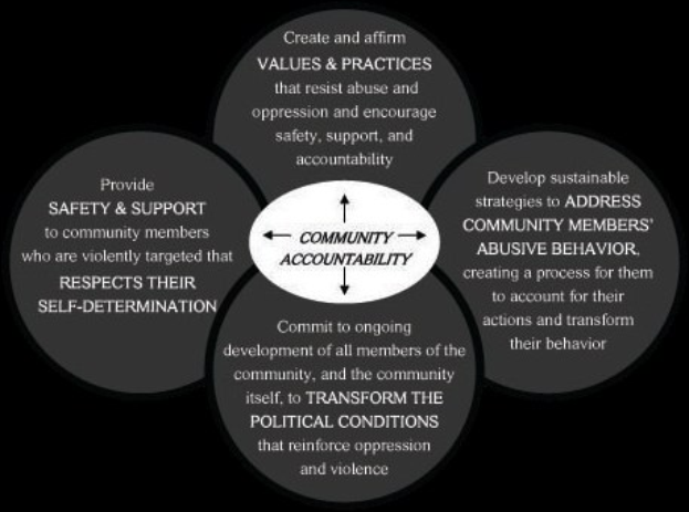 Ein Diagramm mit der Bezeichnung "Gemeinschaftliche Rechenschaftspflicht" und einem zentralen Kreis, der durch Pfeile mit drei überlappenden Kreisen verbunden ist, alle in kräftigen, leuchtenden Farben.
