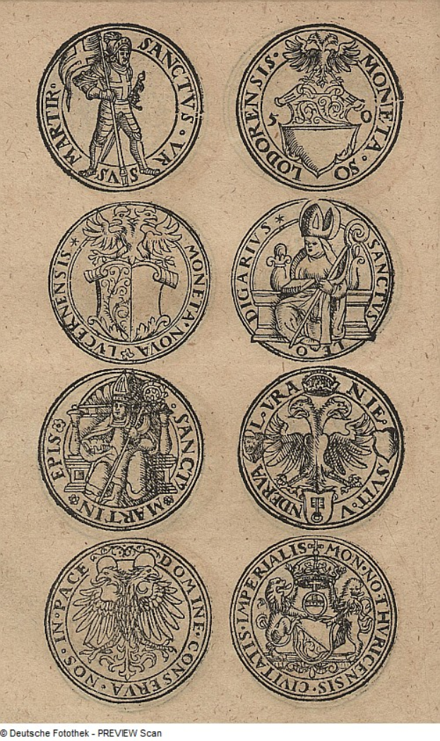 Ein Papier, das sechs Münzen mit einzigartigen Designs zeigt, jeweils mit Text und Bildern und dem Wort "Münze" darunter.