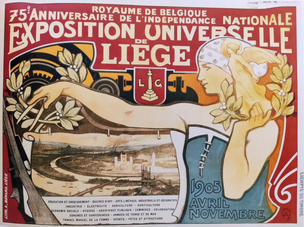 Eine Frau mit einem Blumenstrauß auf einem Plakat, das das 75-jährige Jubiläum der Nationalen Universitätsausstellung in Lüttich ankündigt.