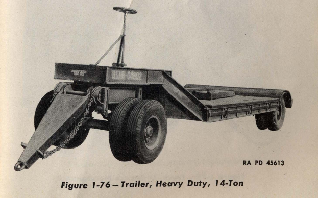 Schwarzes und weißes Foto eines Schwerlastanhängers mit einer Tragfähigkeit von 14 Tonnen, mit Textdetails am unteren Rand.