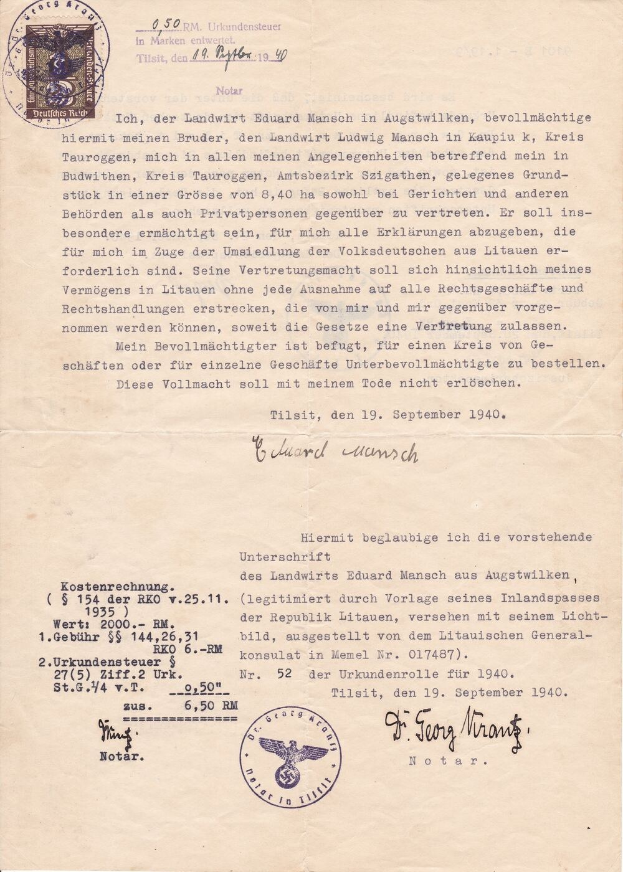 Getippter Brief der deutschen Armee an den Präsidenten der Vereinigten Staaten vom 19. September 1940, gedruckt auf weißem Papier mit schwarzem Rand und Siegel, mit schwarzer Tinte geschriebenem Text einschließlich Datum, Uhrzeit und Ort.