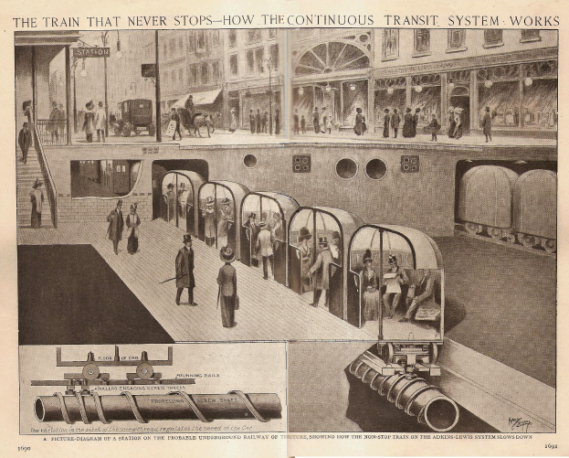 Eine Zeitung mit Bildern von Menschen, Zügen und anderen Gegenständen sowie einem Text mit der Überschrift "Der Zug, der nie aufhört - wie das ständige Transportsystem funktioniert."