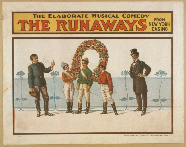 Plakat für 'Elaborate Musical Comedy Runaways from New York Casino' mit einer Gruppe von Menschen in einer Reihe, wobei einer einen Blumenstrauß hält, und Text, der die Komödie beschreibt.