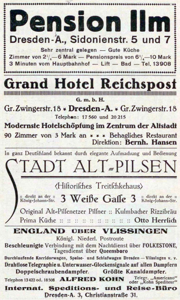 Schwarz-weiß-Anzeige für das Pensionshaus in Dresden, Deutschland.