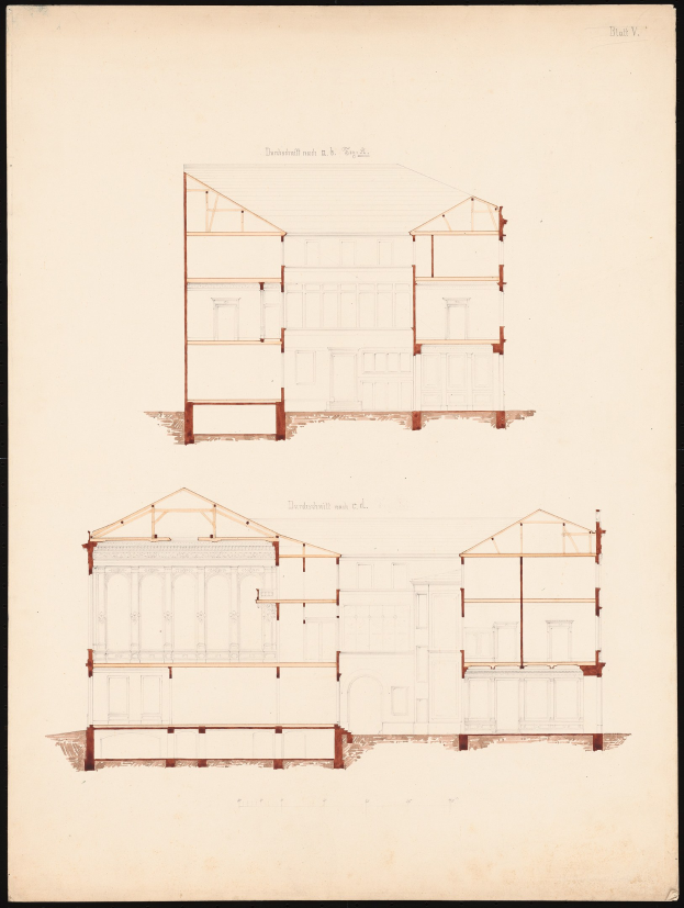 Schwarzes architectural drawing eines Dachgeschossbaus mit zwei Ansichten: Vorder- und Rückseite, mit einem geneigten Dach und einem großen Fenster im zweiten Stock.