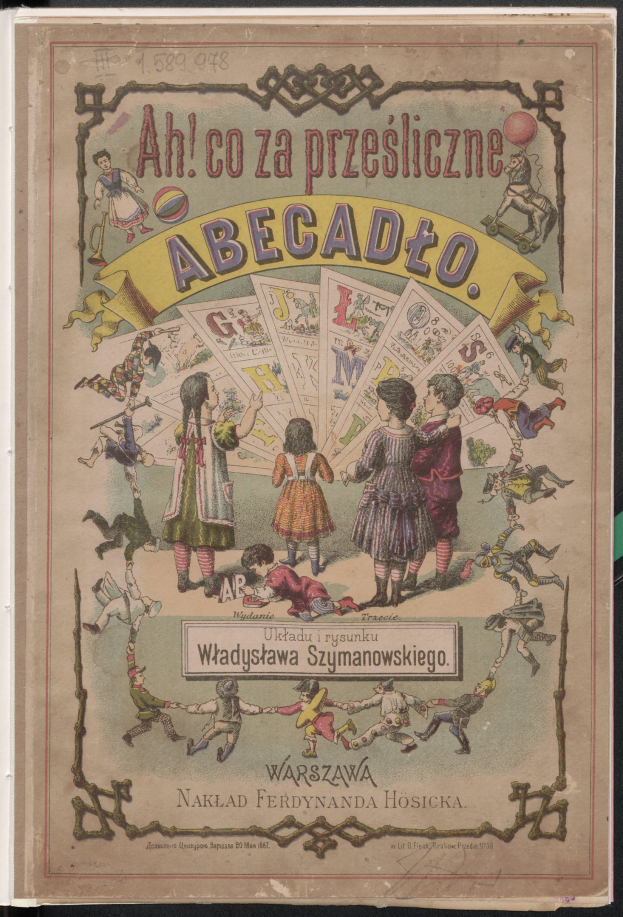 Alte Buchumschlagabbildung mit einer Gruppe von Kindern, die mit Karten spielen, auf einer flachen Oberfläche platziert.