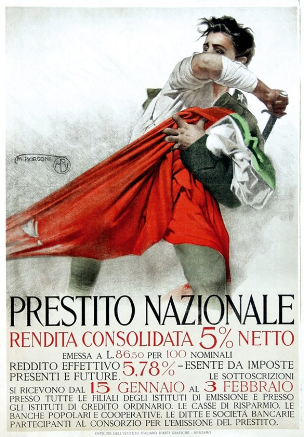Ein Plakat mit einem Mann in einem weißen Hemd, der ein rotes Tuch hält, mit der Aufschrift "Prestito Nazionale Rendita Consolidata 5% Netto" darüber.