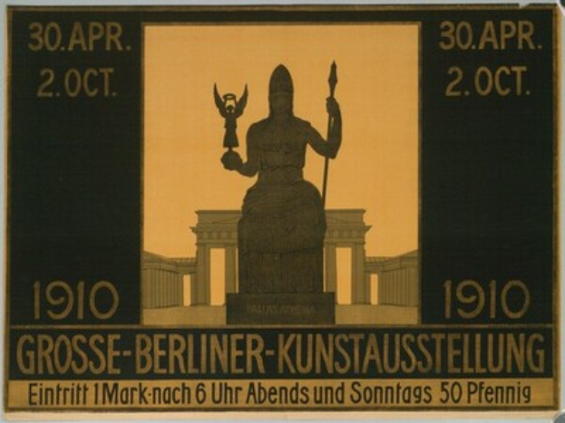 Ein Plakat mit einer Statue vor einem Gebäude, mit Text und Zahlen, die das Berliner-Kunstausstellung-Event beschreiben.