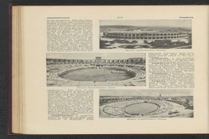 Offenes Buch zeigt Stadionbild neben Text und anderen Bildern.