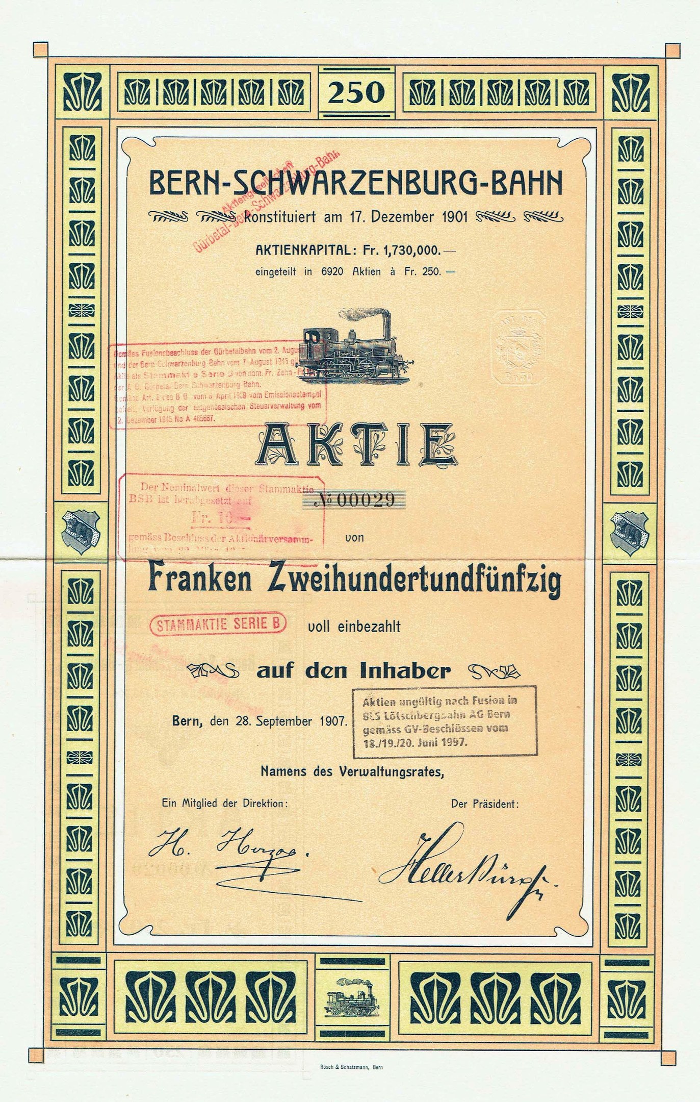 Altes deutsches Regierungsaktienzertifikat für Bern-Schwarzenburg-Bahn mit einer Zug-Illustration und gedrucktem Text.