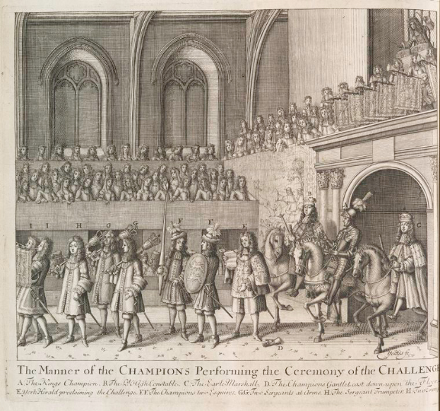 Eine Zeichnung einer Gruppe von Menschen, einige zu Pferd, die vor einer Menge mit einem Gebäude im Hintergrund stehen, mit Text unten, der "Die Art und Weise, wie die Champions die Herausforderung durchführen" lautet.