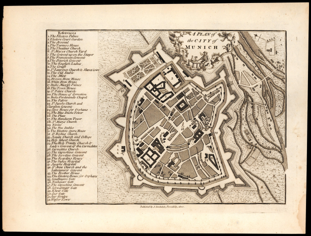 Detailierte alte Karte von München, Deutschland, auf einem schwarzen Hintergrund, die Straßen, Gebäude und Sehenswürdigkeiten zeigt.