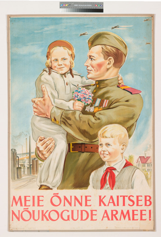 Ein polnischer Weltkriegspropagandaplakat, das einen Mann mit einem Kind auf dem Arm zeigt, vor dem zwei weitere Kinder stehen, und einen Text, der weitere Informationen zum Krieg enthält.