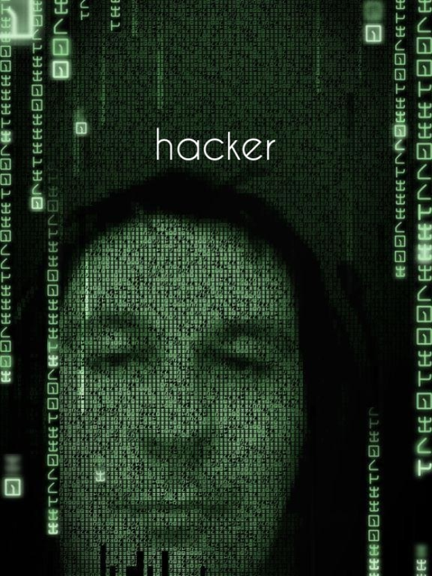 Eine stilisierte digitale Darstellung eines Menschen mit dem Label "Hacker" in der Mitte eines Bildschirms, umgeben von Binärcode und Text.