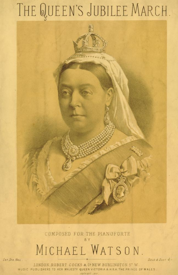 Ein Plakat einer Frau mit Krone, mit der Überschrift "Die Jubiläumsparade der Königin" oben, die sie mit entschlossener Miene und königlicher Ausstrahlung zeigt.