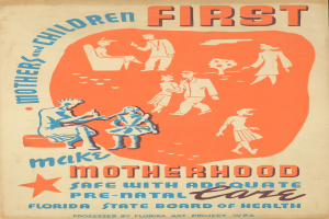 Plakat mit der Aufschrift "Mutterschaft sicher machen mit ausreichender Vorsorge" mit verschiedenen lachenden Menschen auf einem hellblauen Hintergrund.