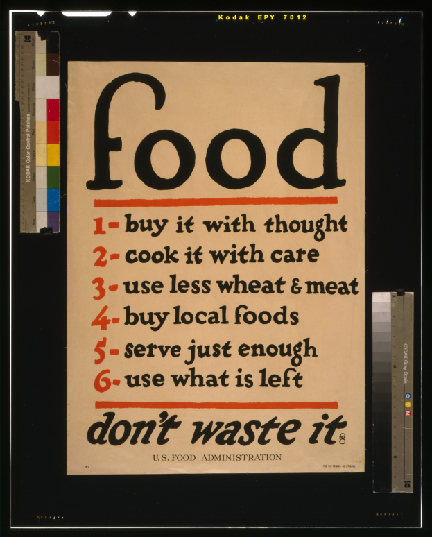Plakat mit Text, der zum bewussten Einkauf, schonenden Kochen, reduziertem Getreide- und Fleischkonsum, angemessenen Portionen und Vermeidung von Lebensmittelverschwendung aufruft.