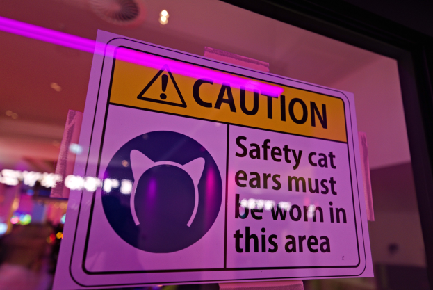 Hellgelbes Warnschild in einem Ladenschaufenster mit schwarzer Schrift, die 'Vorsicht: Sicherheits-Katzenohren müssen in diesem Bereich getragen werden' lautet.