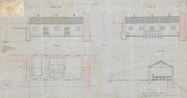 Ein detailliertes architektonisches Zeichnung eines mehrfenstrigen Schulgebäude-Layouts auf Papier mit begleitendem Text.