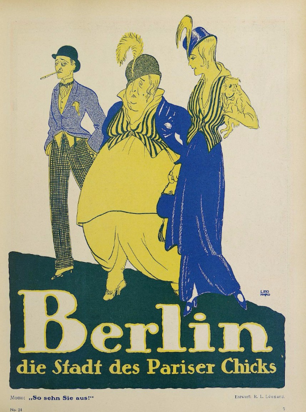 Plakat für ein Konzert in Berlin, Deutschland, mit einer Gruppe von Menschen in farbenfroher Kleidung vor einem Gebäude, mit dem Text "Berlin - Die Stadt des Pariser Chicks" oben.