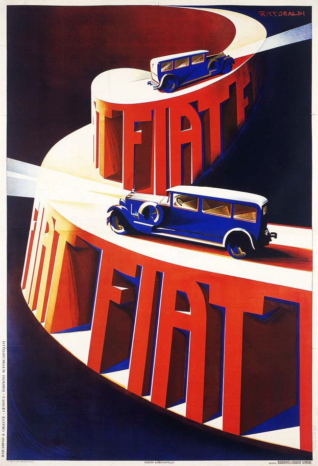 Blaue und rote Fiat-Autos auf einem Werbeplakat mit dem Markennamen "Fiat"