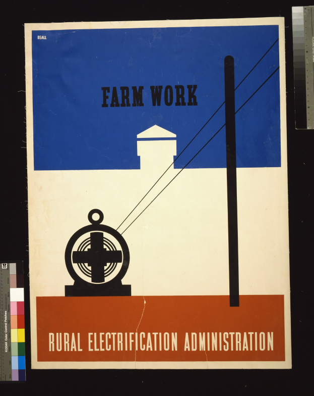 Schwarzumrandetes Plakat mit fetter schwarzer Schrift "Landwirtschaftliche Arbeit Stromversorgung Verwaltung" auf weißem Hintergrund, das eine Grafik eines Bauernhofs mit einem Traktor und einem Bauernhaus zeigt.