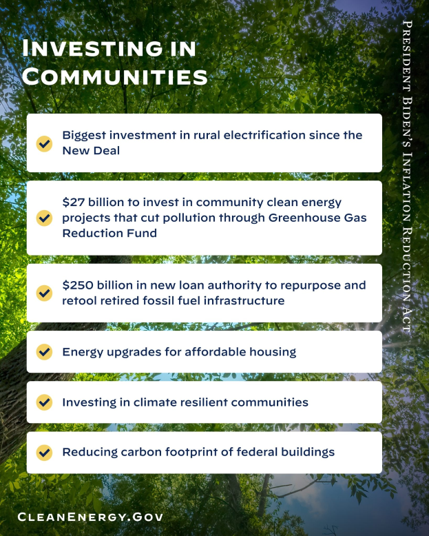 Plakat mit Bäumen und Himmel als Hintergrund, mit dem Text 'Investing in Communities: Biggest Investment in Rural Electricity Since the New Deal'.
